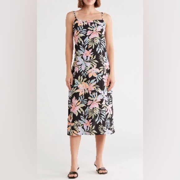 Billabong Dresses & Skirts - Billabong Black Midi Slip Dress with Pink & Pastel Floral Print Women’s large